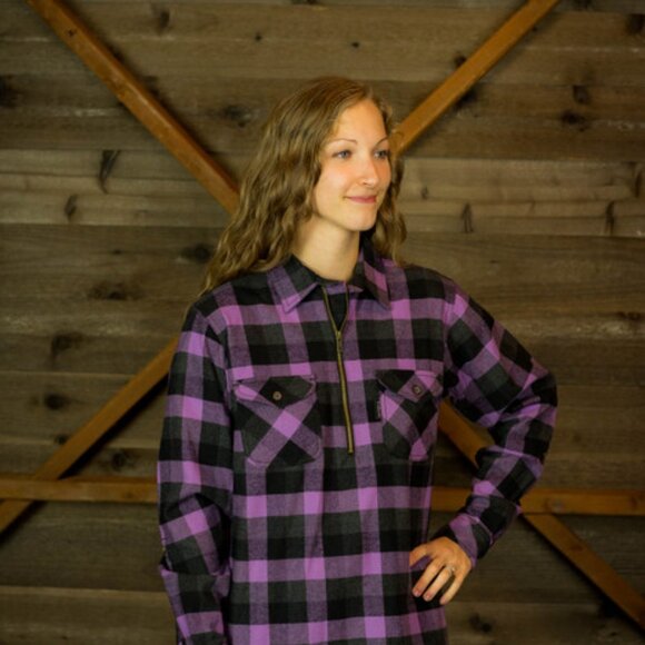 Ladies Pull Over Half Zip Front Flannel Shirt/ Red Black Plaid - Picture 5 of 6